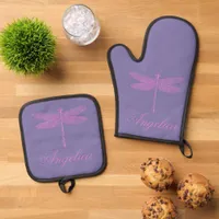 Pink and Purple Fantasy Dragonfly Personalize Oven Mitt & Pot Holder Set