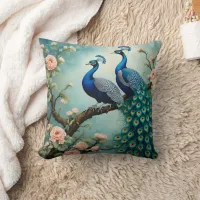 Two Colorful Peacocks Perched Among Roses Throw Pillow