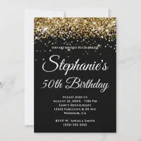 Sparkly Gold Glitter Solid Color Black Invitation