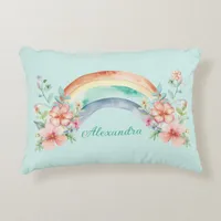 Pretty Watercolor Flowers and Rainbow Accent Pillow