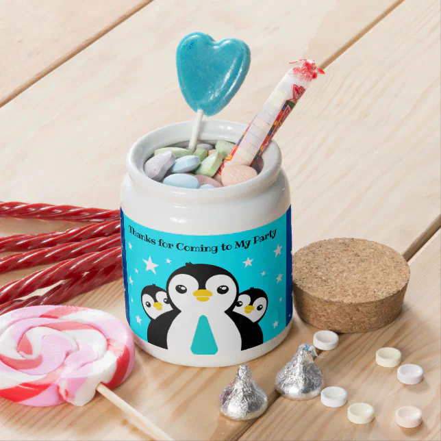 Cute Happy Birthday Boy Penguins Blue Neckties Candy Jar