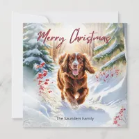 Cute Sussex Spaniel In Snow Winter Merry Christmas Holiday Card