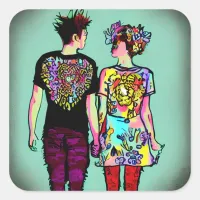 Cute Grunge Punk Rock Couple Holding Hands Square Sticker