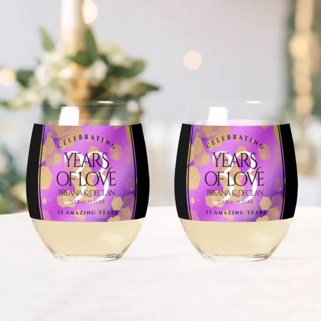 Elegant 33rd Amethyst Wedding Anniversary Stemless Wine Glass