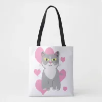 Fun and Cute Grey Cat Love Cartoon Tote Bag