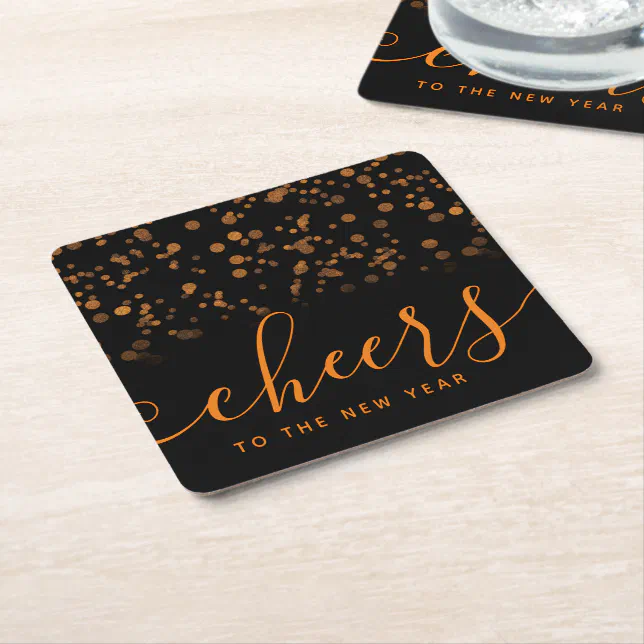 Handwritten Cheers to the New Year Copper Confetti Square Paper Coaster