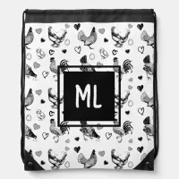 Monogrammed Black and White Cartoon Chickens Drawstring Bag