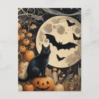 Halloween Black Cat and Bats Postcard