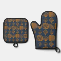 Bold Caribbean Tribal Mudcloth: Navy Blue, Gold Oven Mitt & Pot Holder Set