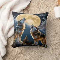 Wolves Howling Under A Full Moon In The Forest Throw Pillow