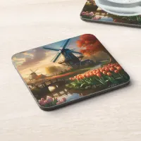 Windmill in Dutch Countryside by River with Tulips Beverage Coaster