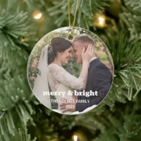 Merry and Bright | Smart Christmas Couple Photo Ceramic Ornament