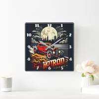 Hot rod cruising under the full moon square wall clock