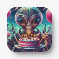 Extraterrestrial Alien Being eating Birthday Cake  Paper Plates
