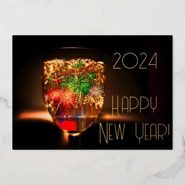 Bubble and  fireworks with gold - happy new year foil invitation