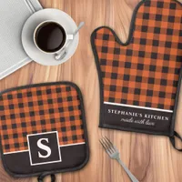 Orange And Black Gingham Plaid Checker Monogrammed Oven Mitt & Pot Holder Set