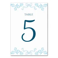 Elegant Hand-Drawn Floral & Bow Blue Wedding  Table Number