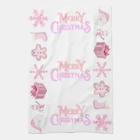 Pink Merry Christmas + Icons on White | Kitchen Towel