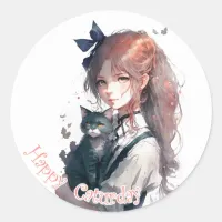 Happy Caturday Girl Holding Her Cat Watercolor Classic Round Sticker