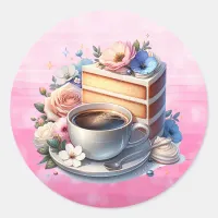 Piece of Cake, Cup of Coffee and Flowers Classic Round Sticker