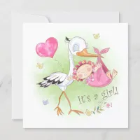 *~* Stork Baby Girl Heart  Flowers Baby Shower Invitation