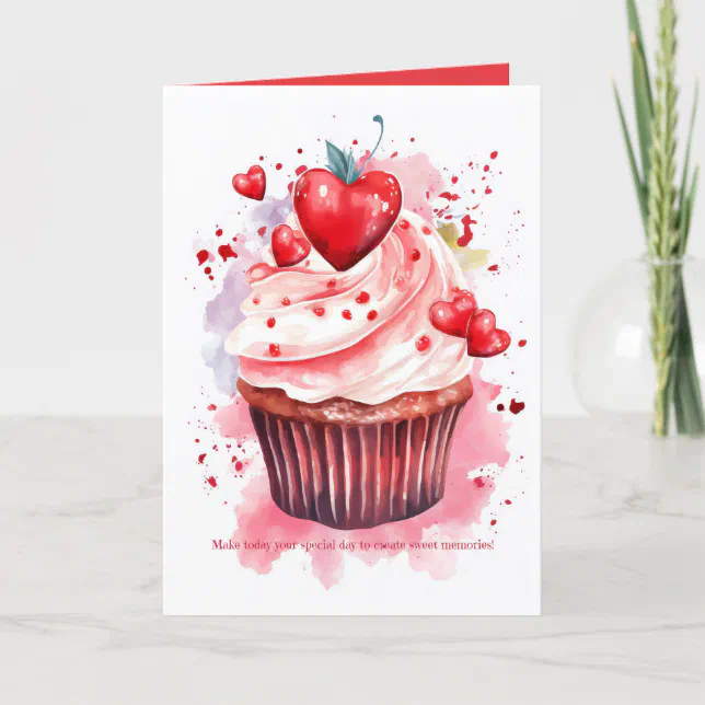 Hearts Cherry Watercolor Cupcake Valentine Card