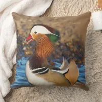 Beautiful Chatty Mandarin Duck at the Pond Throw Pillow
