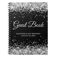 Silver Glitter Black 21st Birthday Guestbook Notebook