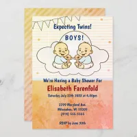 Expecting Twin Boys Cloud Baby Shower Retro Invitation