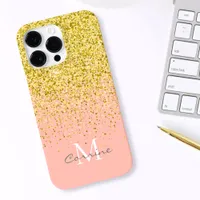 Metallic Gold Glitter Rain + Rose Quartz Monogram Case-Mate iPhone 14 Pro Max Case