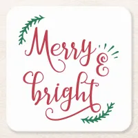 merry and bright Holiday Square Paper Coaster