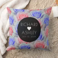 Elegant Pink & Powder Blue Roses Floral Wedding Throw Pillow