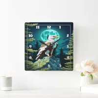 Eagle Perched on Rock Under Moonlit Sky Square Wall Clock