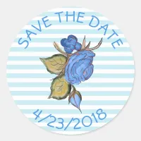 Save the Date Blue Flower Striped Stickers