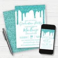 Aqua Teal Sparkle Glitter Drips Graduation Party I Invitation