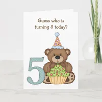 Teddy Bear with Cupcake Kids Fifth Birthday Card