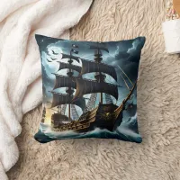 Pirate Ship Sailing Through Stormy Seas at Night Throw Pillow