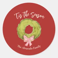 Christmas Wreath Bow Red Green Pink Whimsical Fun Classic Round Sticker