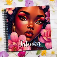 Pretty Woman of Color Pink Flowers Personalized Notebook