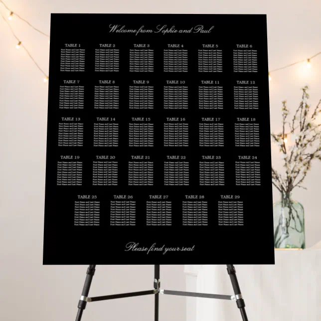 Elegant Black 29 Table Seating Chart Foam Board