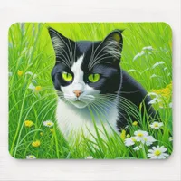 Adorable Cat sitting in a field of Daisies  Mouse Pad