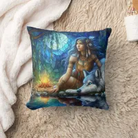 Native American Woman Sitting Beside A Wolf Throw Pillow