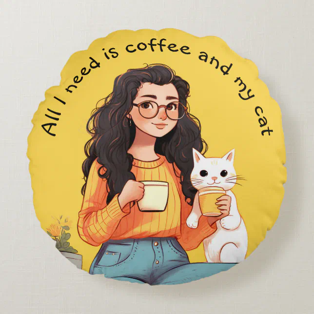 Happiness is Coffee & Cat Cute Yellow Round Pillow