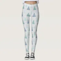 Blue Christmas trees with beads strings pattern Leggings