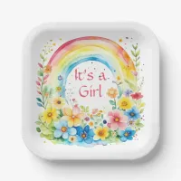 Watercolor Rainbow and Flowers It's a Girl Paper Plates