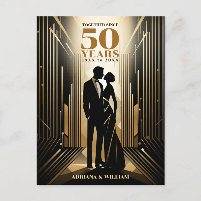 Art Deco Retro Black & Gold Wedding Anniversary Postcard