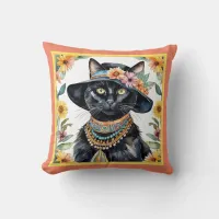 Feline with Floral Hat 16 inch Throw Pillow