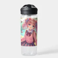 Pretty Anime Girl in Pink Pigtails Water Bottle