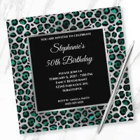 Teal Black and Silver Leopard Glam 50th Birthday Invitation