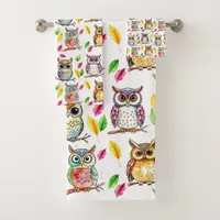 Colorful Woodland Owls and Leaves Watercolor Bath Towel Set